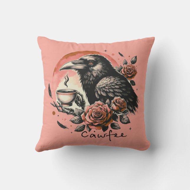 Halloween Raven Crow Coffee Roses Pink Orange Throw Pillow (Back)