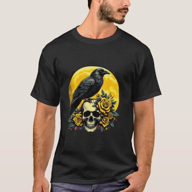 Halloween Raven Crow Skull Crow Halloween T Shirt (Front)
