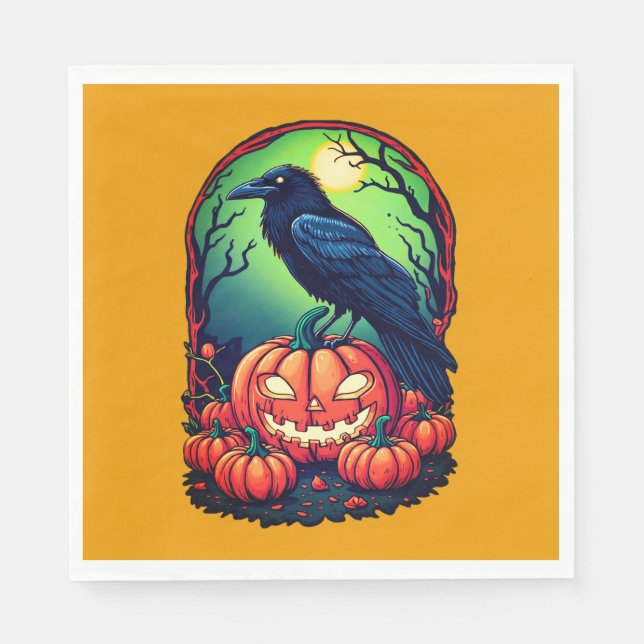 Halloween Raven in a Pumpkin Patch Napkin (Front)