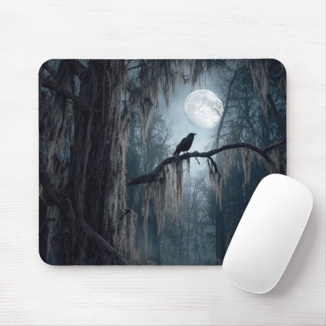 Halloween Raven in a Spooky Forest Mouse Pad (With Mouse)