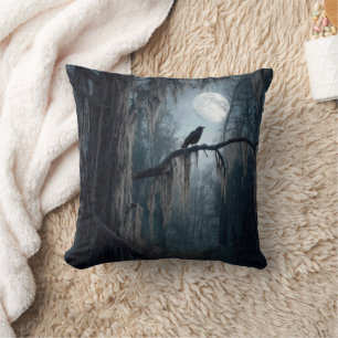 Halloween Raven in a Spooky Forest Throw Pillow
