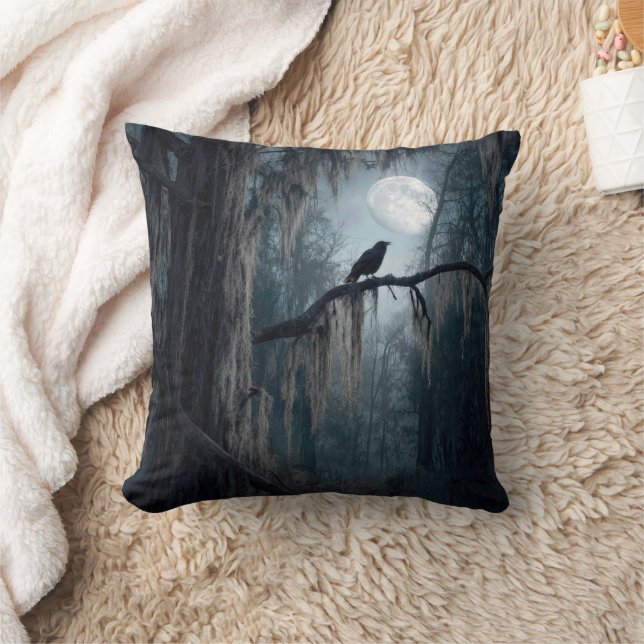 Halloween Raven in a Spooky Forest Throw Pillow (Blanket)