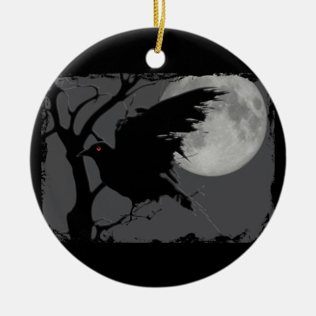 Halloween Raven in Branch with Full Moon Ceramic Ornament (Front)