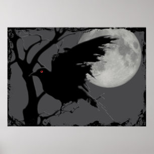 Halloween Raven in Branch with Full Moon Poster