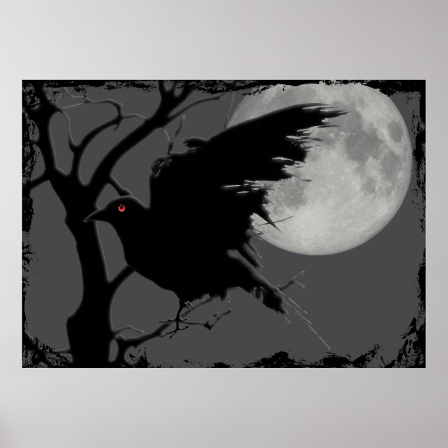 Halloween Raven in Branch with Full Moon Poster (Front)