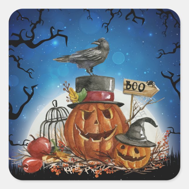 Halloween Raven Pumpkin Party Square Sticker (Front)