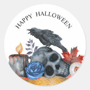 Halloween raven skull eyeball watercolour classic round sticker