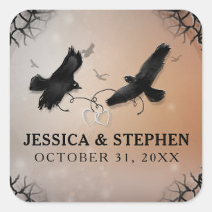 Halloween Ravens with Hearts Wedding Square Sticker