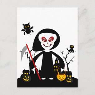 Halloween reaper kid goes trick or treating postcard