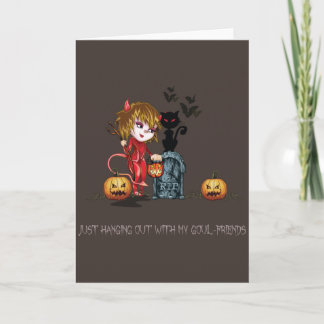 Halloween red devil girl with cat in cemetery card