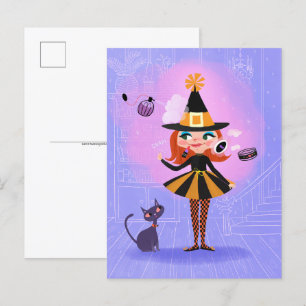 Halloween Red Hair Witch Lavender & Pink Postcard