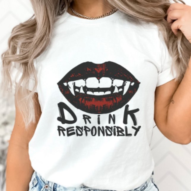 Halloween Red Lips Vampire Fangs Drink Responsibly T-Shirt (Creator Uploaded)