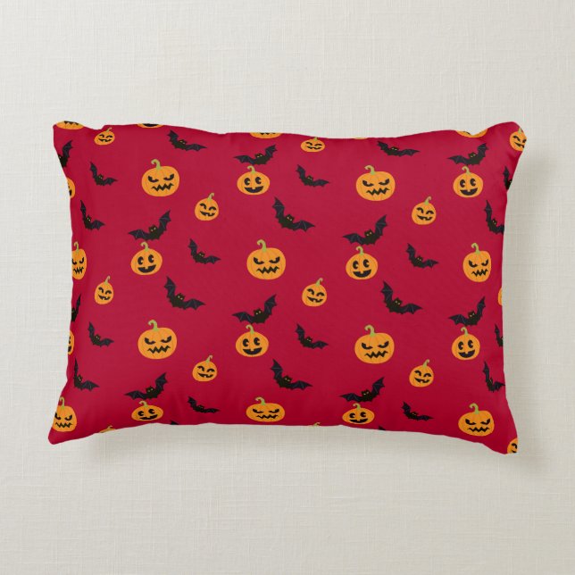 Halloween Red Pumpkin and Bat Pattern Accent Pillow (Back)