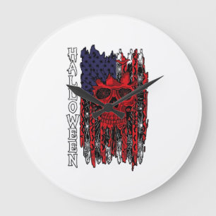 Halloween Red Skull American Flag Spider Webs Bats Large Clock