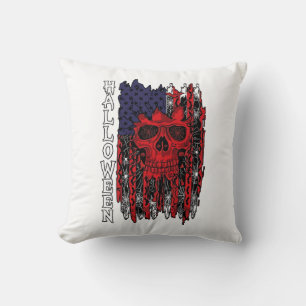 Halloween Red Skull American Flag Spider Webs Bats Throw Pillow