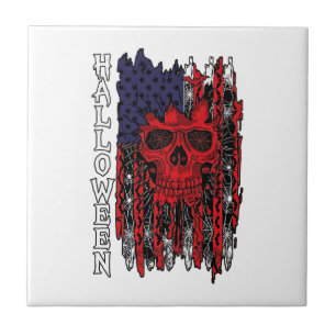 Halloween Red Skull American Flag Spider Webs Bats Tile