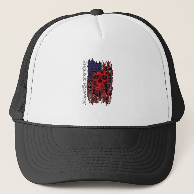 Halloween Red Skull American Flag Spider Webs Bats Trucker Hat (Front)