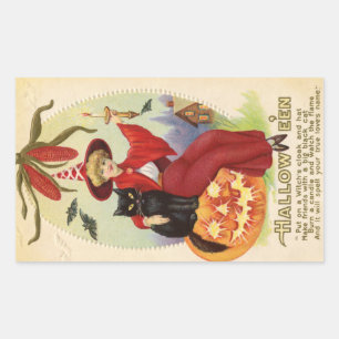 Hallowe'en Red Witch and Black Cat Vintage Sticker