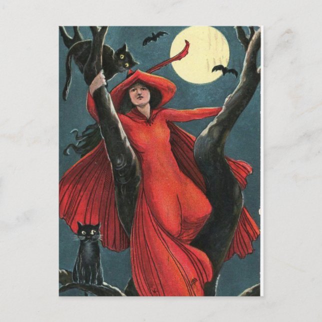 Halloween Red Witch & Black Cat Vintage Holiday Postcard (Front)