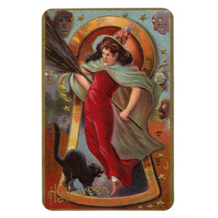 Halloween Red Witch & Black Cat Vintage Magnet