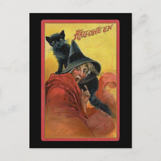 Halloween Red Witch & Black Cat Vintage Postcard (Front)