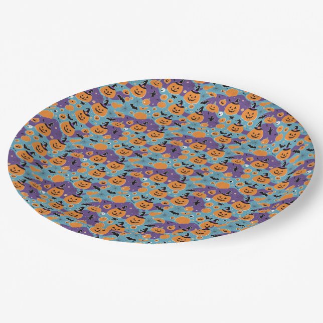 Halloween repeating pattern with pumpkins paper plate (Angled)
