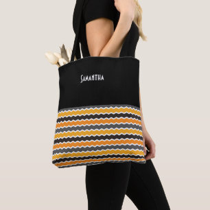 Halloween Retro 1960s Chevron Black Orange Wh Name Tote Bag
