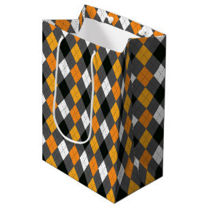 Halloween Retro Argyle Orange Black Grey White Medium Gift Bag