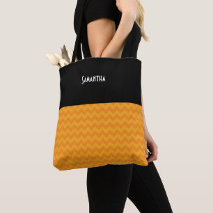Halloween Retro Bright Orange Chevron Black Name Tote Bag