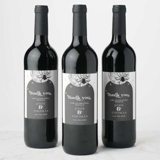 Halloween Retro Disco Spiders & Disco Ball Wedding Wine Label (Bottles)