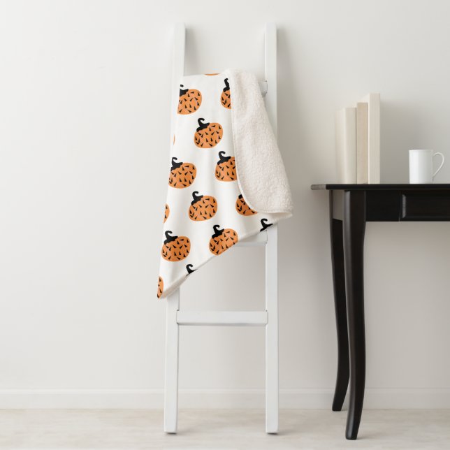 Halloween Retro Geometric Black White Pumpkins Sherpa Blanket (In Situ)