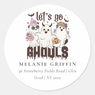 Halloween Retro Ghosts Let's Go Ghouls Address Classic Round Sticker
