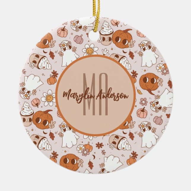 HALLOWEEN RETRO GROOVY PUMPKINS AND GHOSTS CERAMIC ORNAMENT (Front)