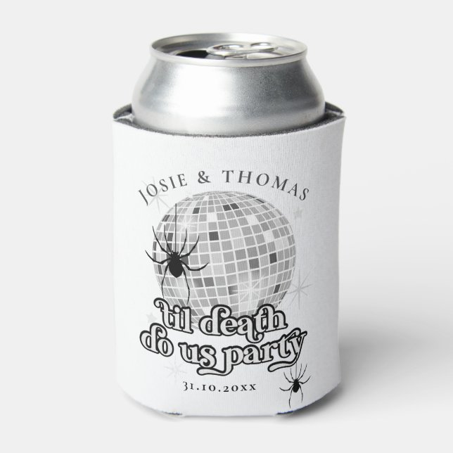 Halloween Retro Spiders & Disco Ball Wedding photo Can Cooler (Can Front)