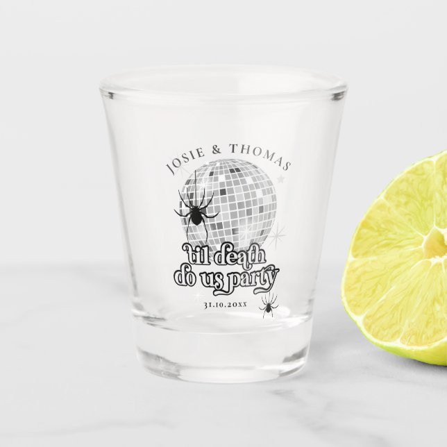 Halloween Retro Spiders & Disco Ball Wedding Shot Glass (Front)