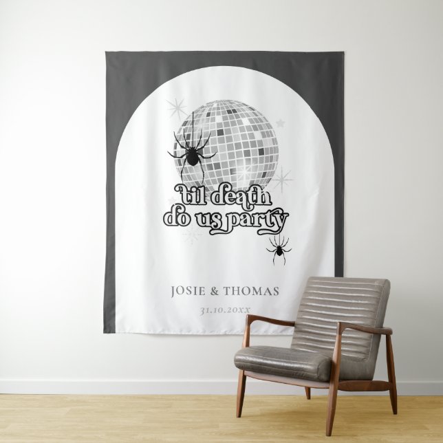 Halloween Retro Spiders & Disco Ball Wedding Tapestry (In Situ)