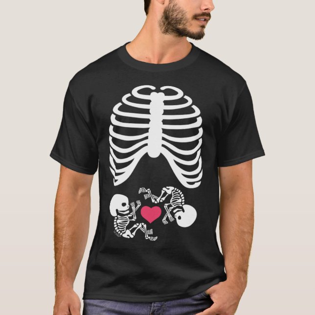 Halloween Rib Cage Pregnancy Expecting Twins Baby  T-Shirt (Front)