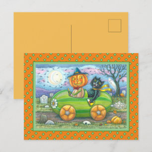 HALLOWEEN ROAD TRIP, JACK AND BLACK CAT FRIENDS HOLIDAY POSTCARD