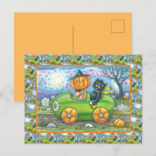 HALLOWEEN ROAD TRIP, JACK AND BLACK CAT FRIENDS HOLIDAY POSTCARD