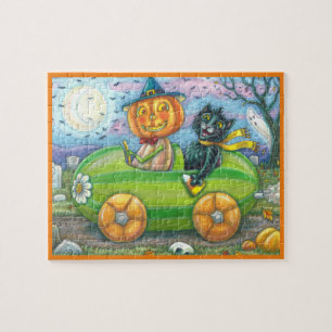 HALLOWEEN ROAD TRIP, JACK AND BLACK CAT FRIENDS JIGSAW PUZZLE