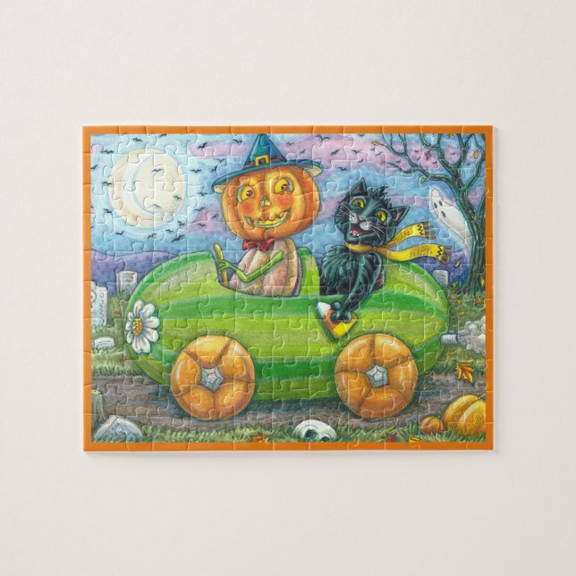 HALLOWEEN ROAD TRIP, JACK AND BLACK CAT FRIENDS JIGSAW PUZZLE (Horizontal)