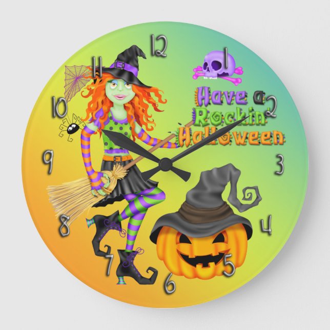 Halloween Rockin Witch Round Wall Clock (Front)