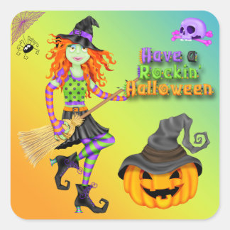 Halloween Rockin Witch Square Stickers