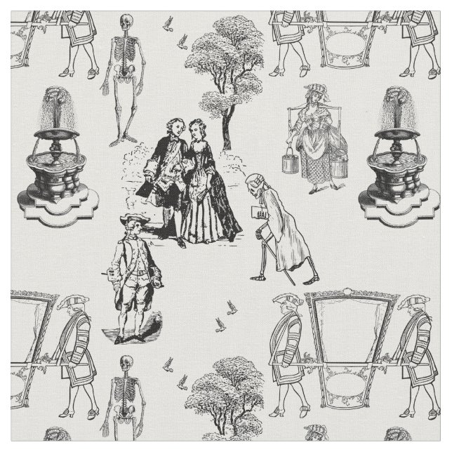 halloween rococo baroque skeleton toile skull fabric (Close Up)
