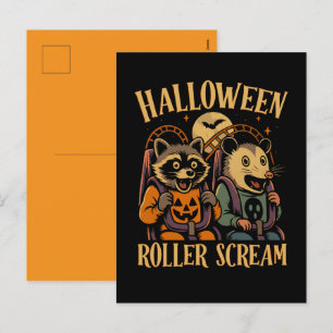 Halloween Roller Scream Raccoon and Opossum Holiday Postcard