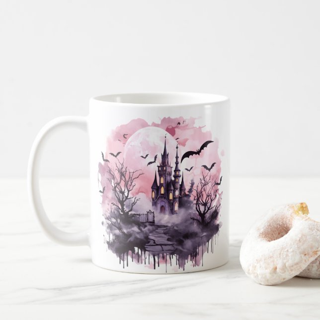 Halloween rose Mug mignonne Éffrayant, Maison hant (Avec donut)