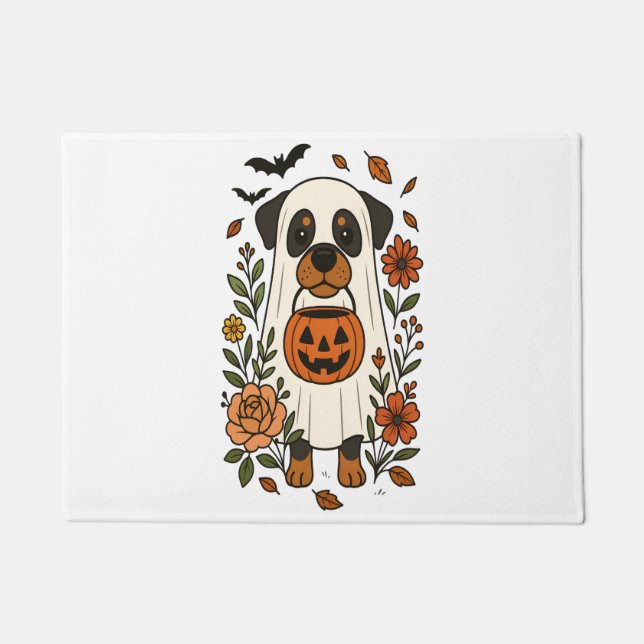 Halloween Rottweiler with Flowers Doormat (Front)