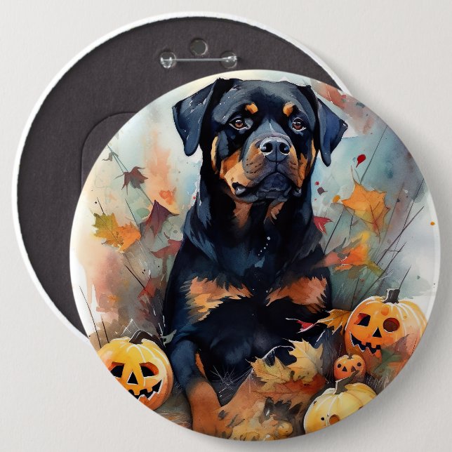 Halloween Rottweiler With Pumpkins Scary 6 Inch Round Button (Front & Back)