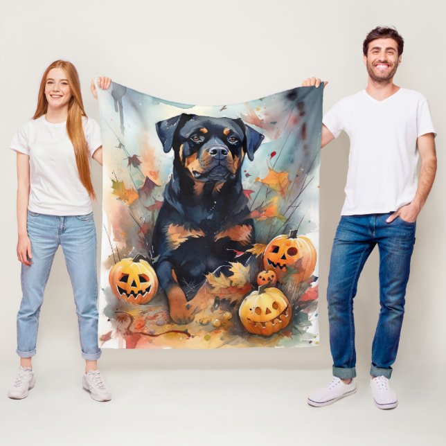 Halloween Rottweiler With Pumpkins Scary Fleece Blanket (In Situ)