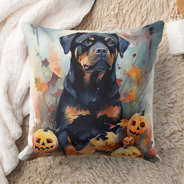 Halloween Rottweiler With Pumpkins Scary  Throw Pillow (Blanket)